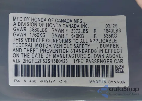 2025 Honda Civic Sport from USA, damaged, VIN 2HGFE2F52SH580426